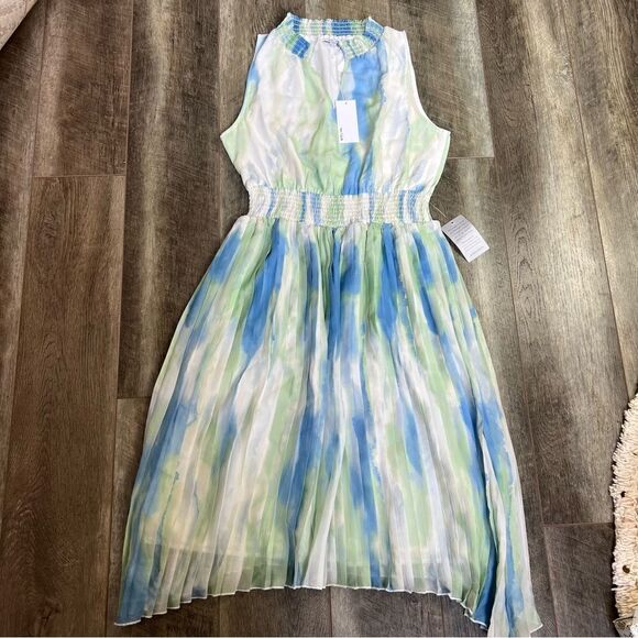 BTFL-Life Tie Dye Pleated Chiffon Dress Blue Green White NWT Size Large - Picture 8 of 13